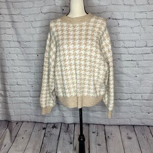 H&M Houndstooth Tan and Cream Long Dolman Sleeve Crewneck Sweater Medium